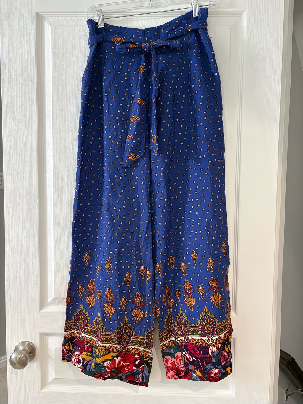 Anthropologie Blue Floral-Print Pants with Red Trim